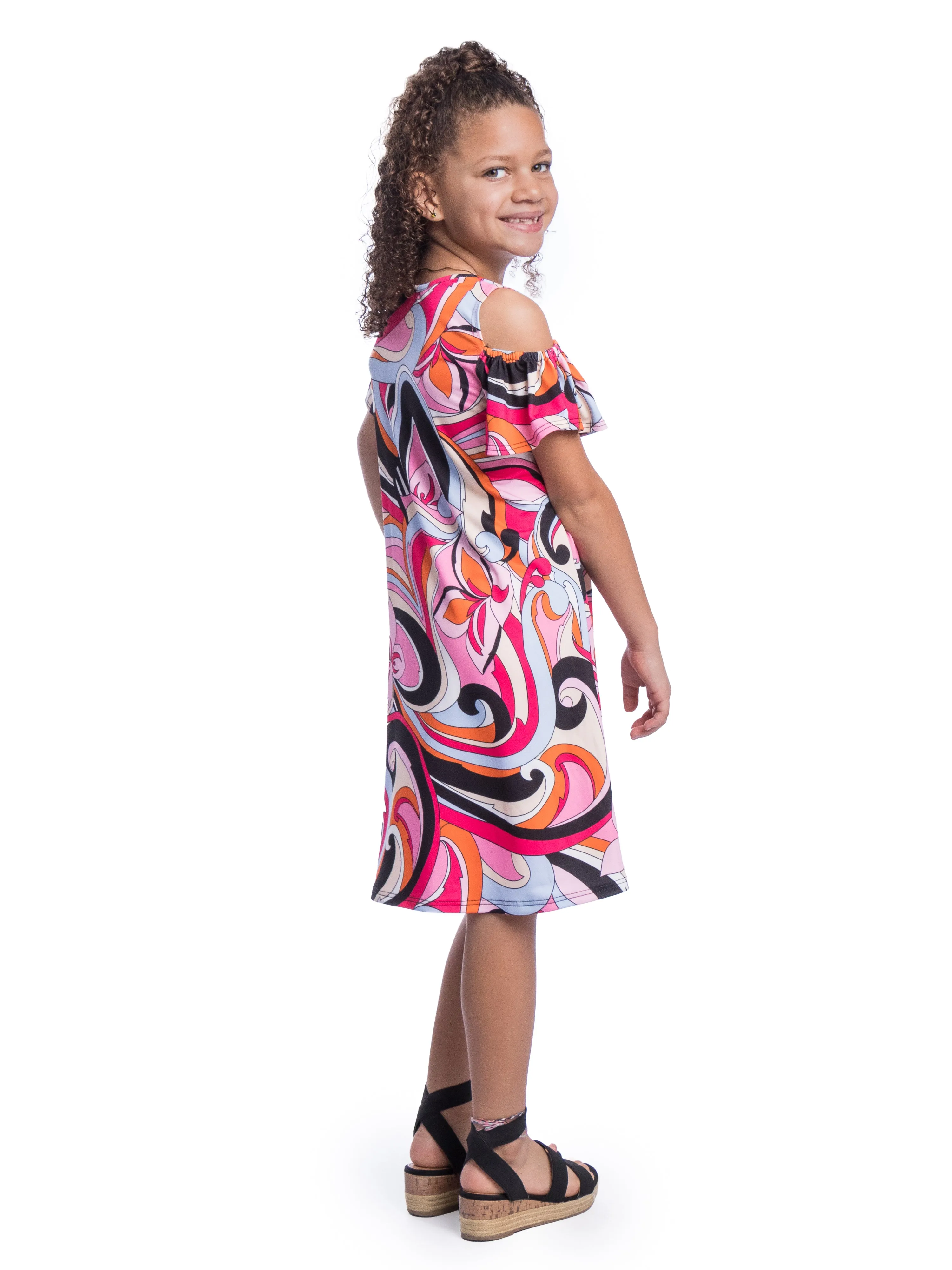 Girls Pink Cold Shoulder Knee Length Dress