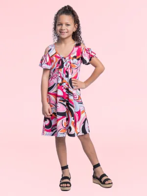 Girls Pink Cold Shoulder Knee Length Dress