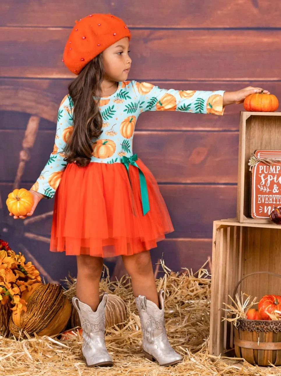 Girls Pumpkin Leaves Print Bow Tutu Dress