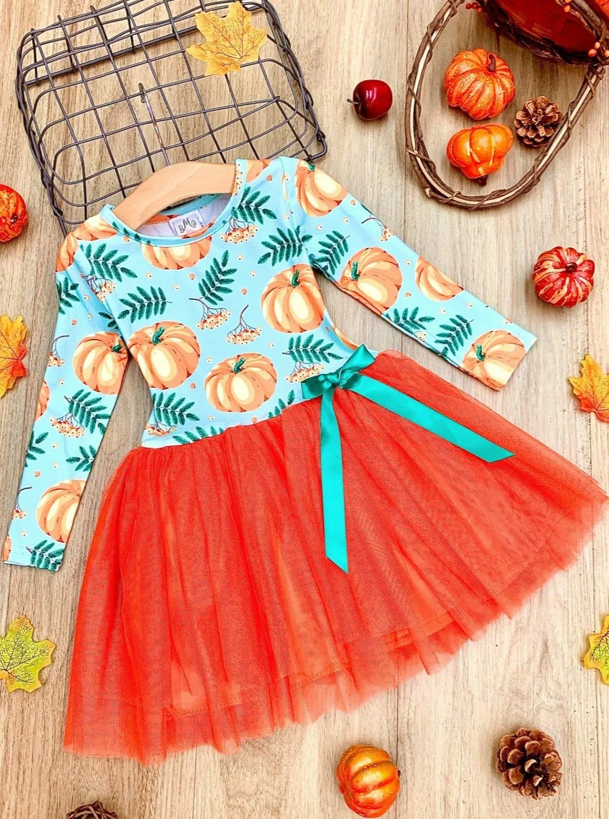 Girls Pumpkin Leaves Print Bow Tutu Dress
