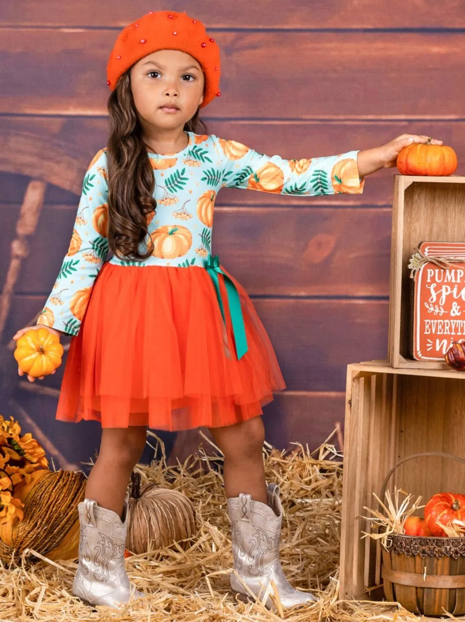 Girls Pumpkin Leaves Print Bow Tutu Dress