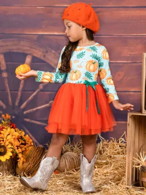 Girls Pumpkin Leaves Print Bow Tutu Dress