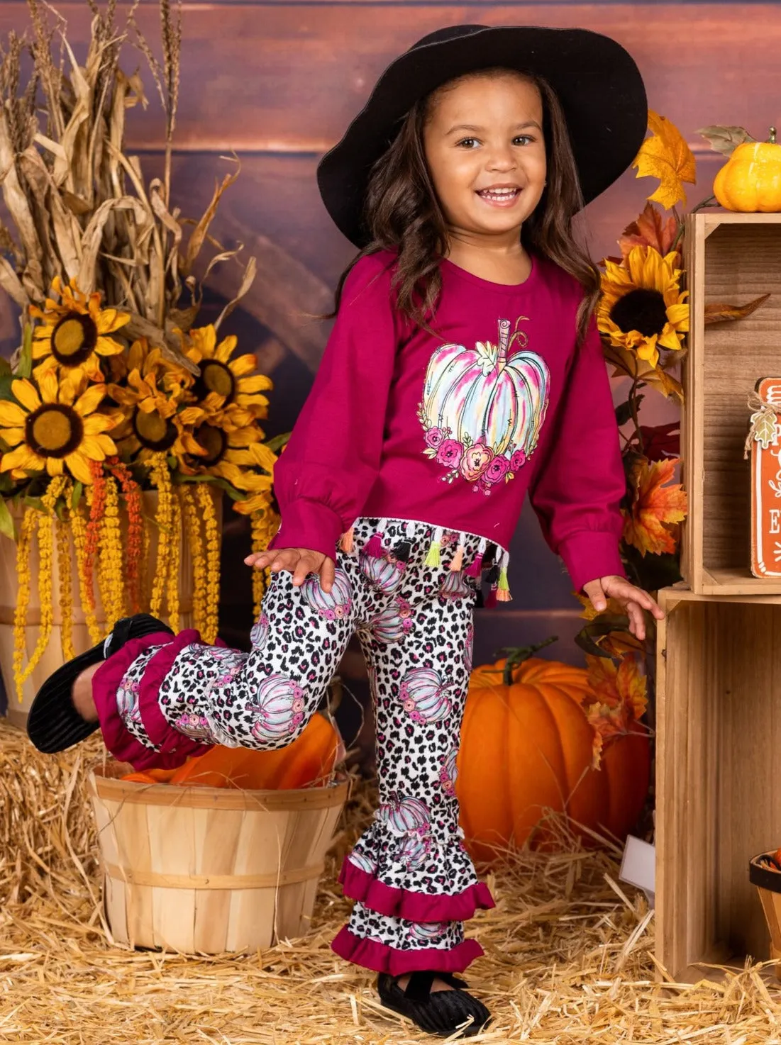 Girls Pumpkin Tassel Pullover and Leopard Ruffled Legging Set