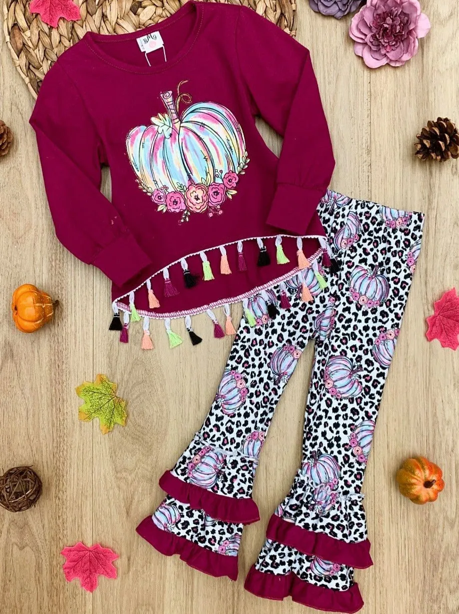 Girls Pumpkin Tassel Pullover and Leopard Ruffled Legging Set