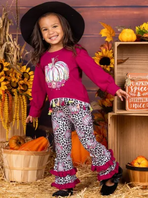Girls Pumpkin Tassel Pullover and Leopard Ruffled Legging Set