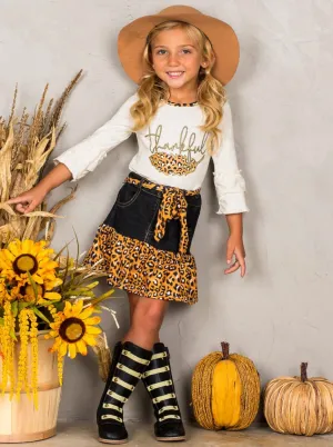 Girls "Thankful" Top and Leopard Ruffled Denim Skirt Set