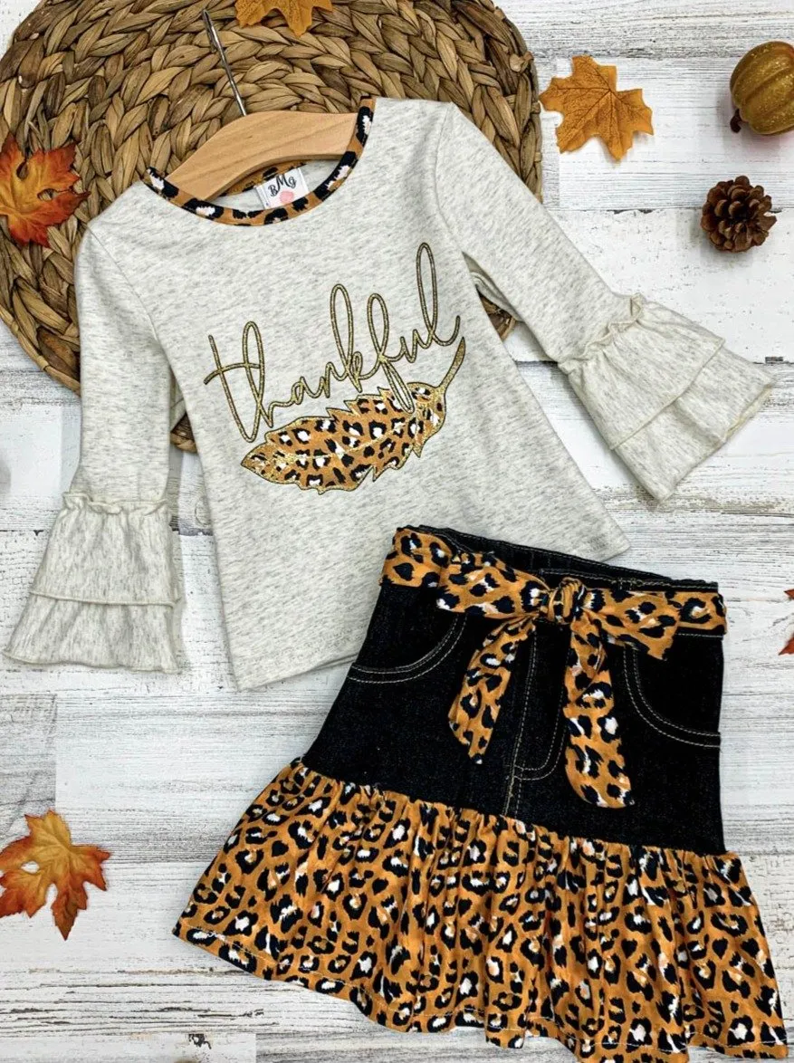 Girls "Thankful" Top and Leopard Ruffled Denim Skirt Set