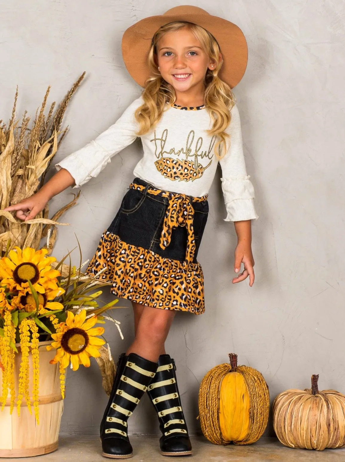 Girls "Thankful" Top and Leopard Ruffled Denim Skirt Set