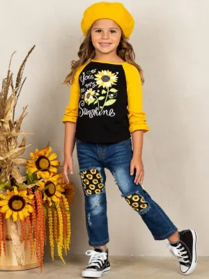 Girls "You Are My Sunshine" Raglan Top and Patched Jeans Sunflower Set