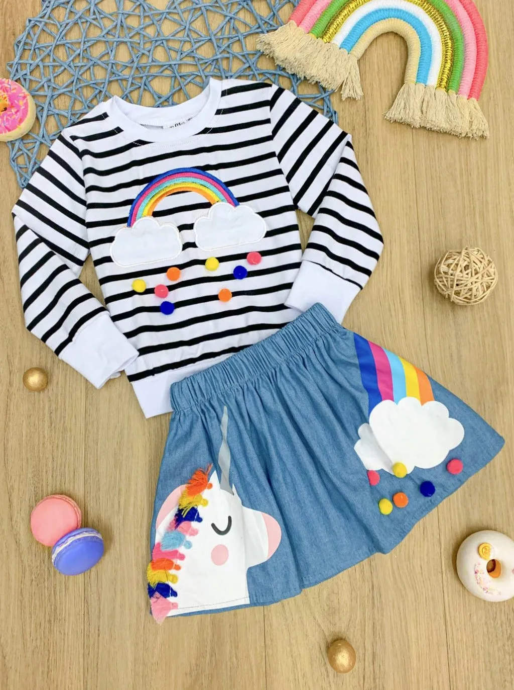 Girls Rainbow Sweatshirt and Rainbow Unicorn Skirt Set