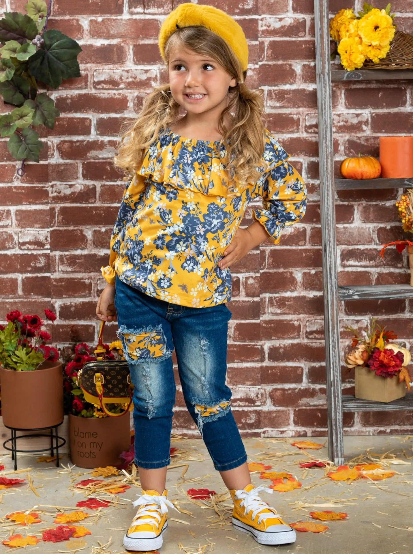 Girls Wildflowers Ruffled Bib Top and Patched Jeans Set