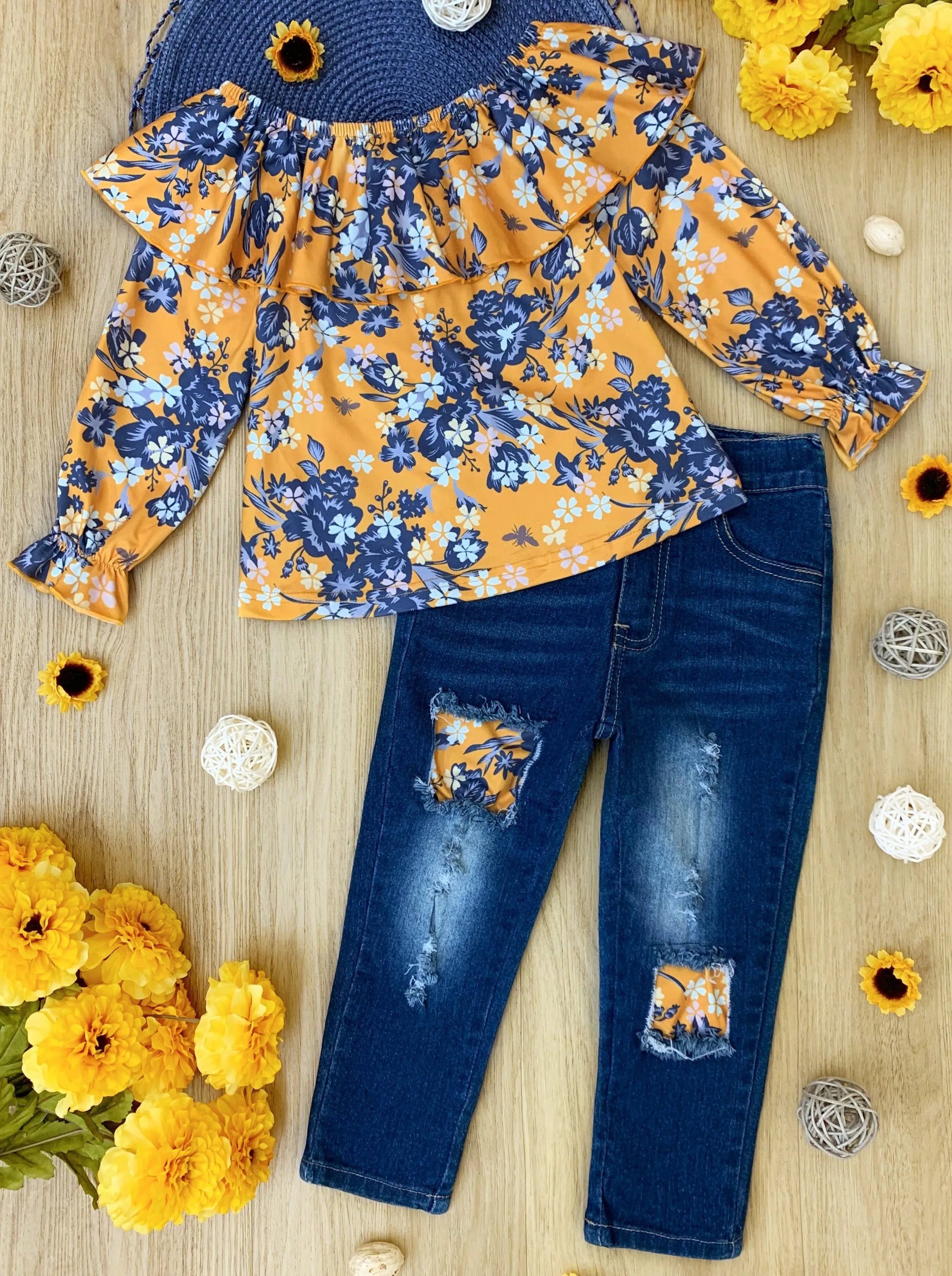 Girls Wildflowers Ruffled Bib Top and Patched Jeans Set