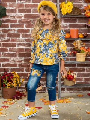 Girls Wildflowers Ruffled Bib Top and Patched Jeans Set