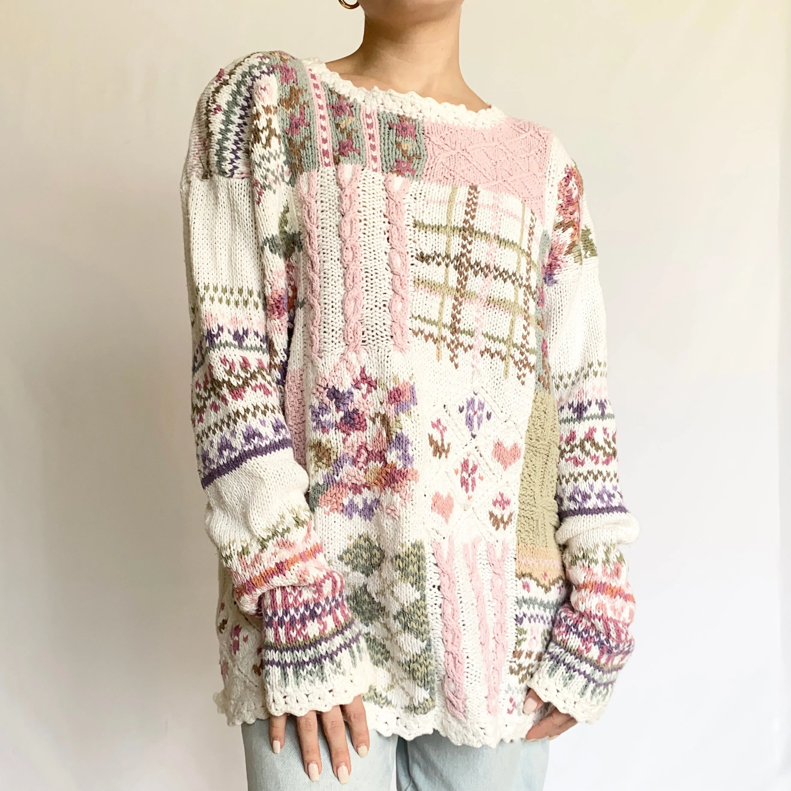 Girly Pastel Vintage Patchwork Sweater (M)