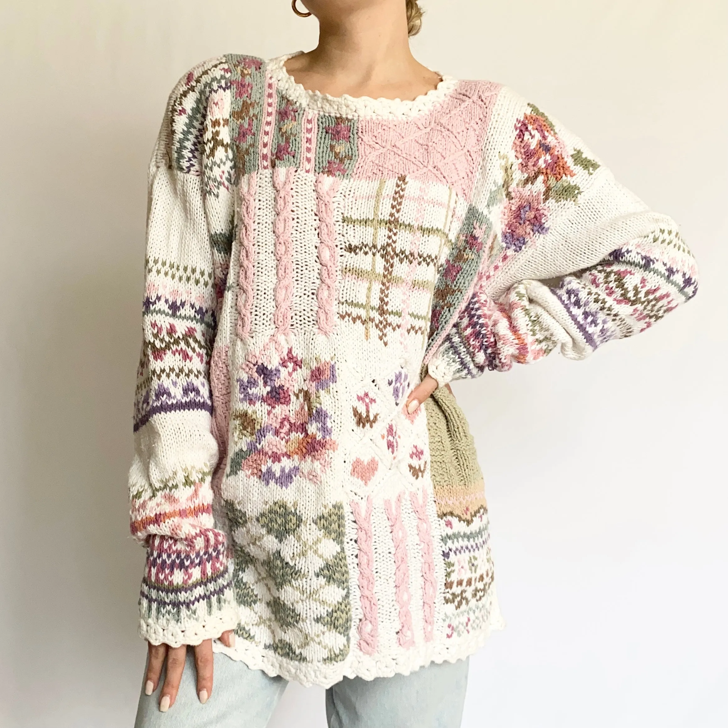 Girly Pastel Vintage Patchwork Sweater (M)