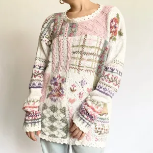 Girly Pastel Vintage Patchwork Sweater (M)