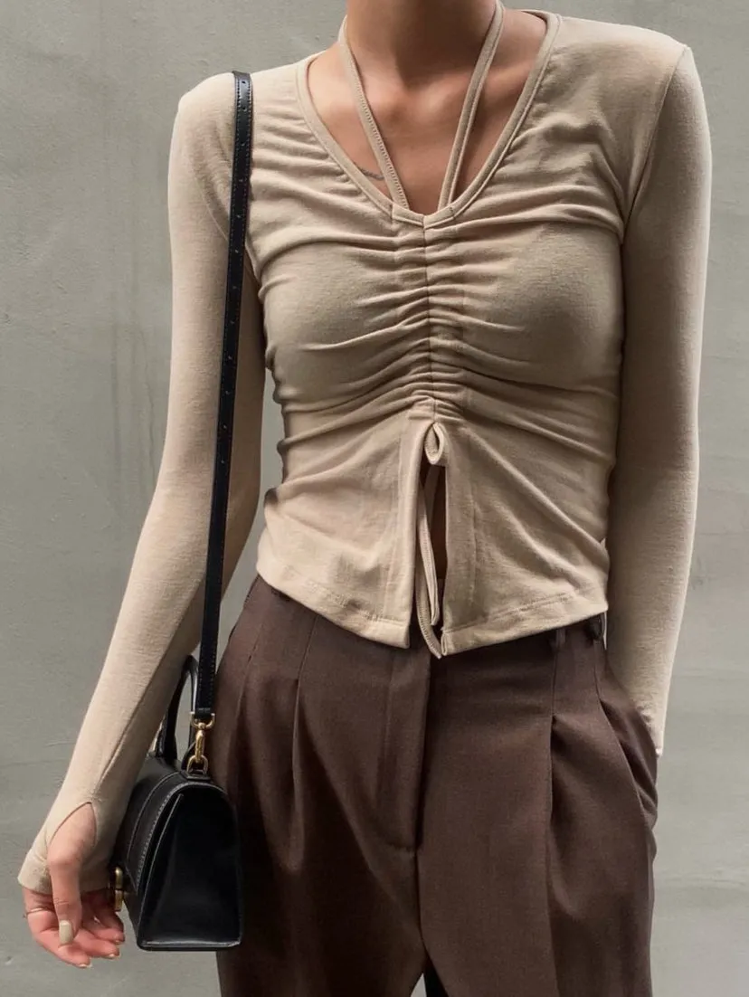 Halter V neck Shirring Tee