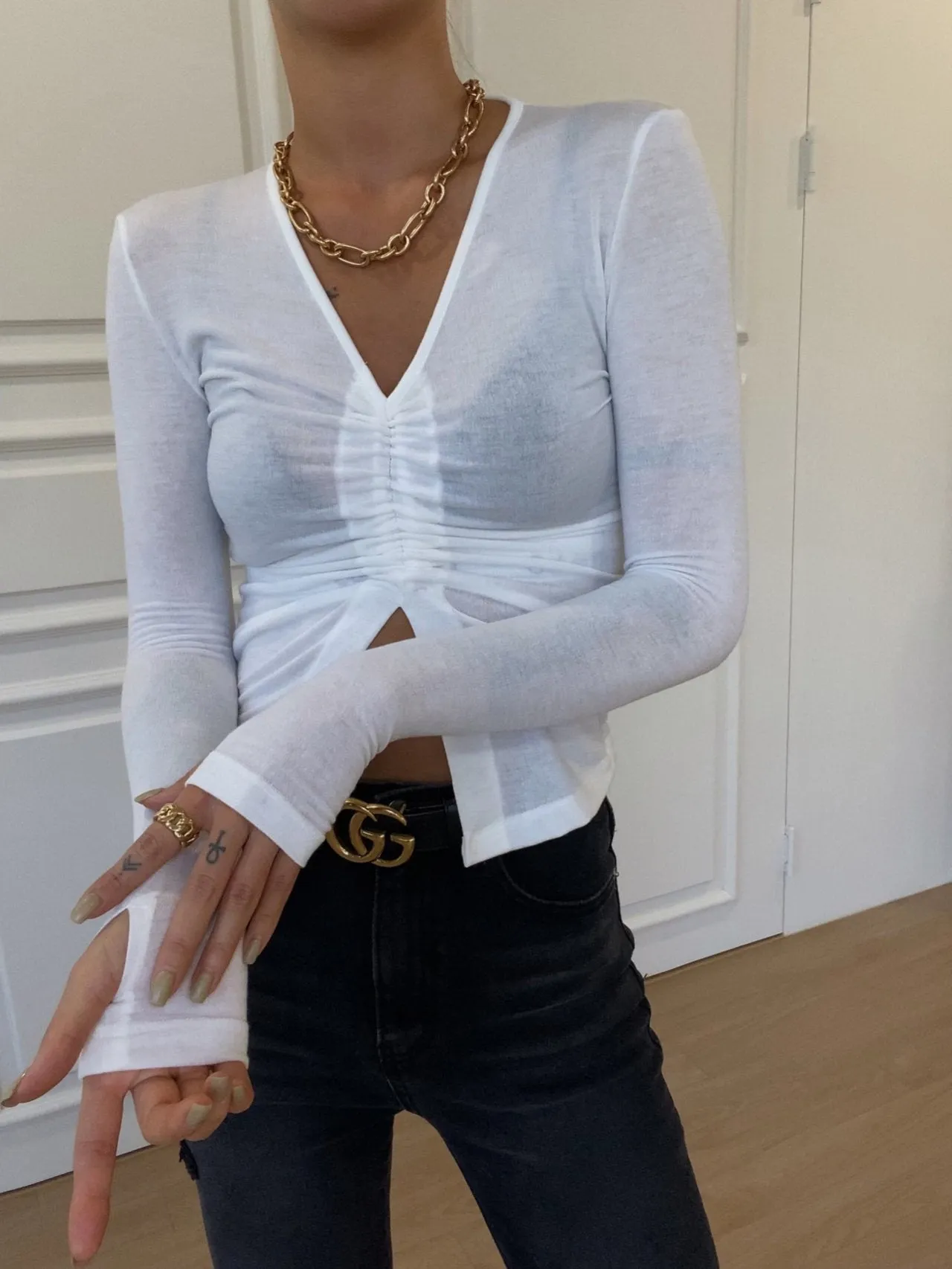 Halter V neck Shirring Tee