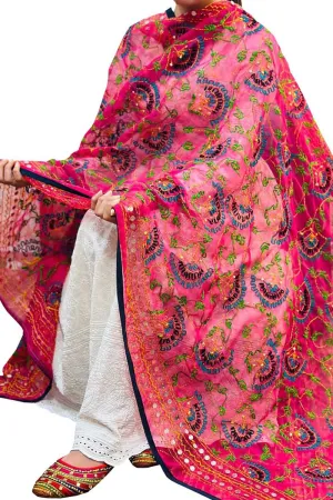 Hand-Embroidered Pink Phulkari Georgette Dupatta: Stunning Addition to Your Wardrobe