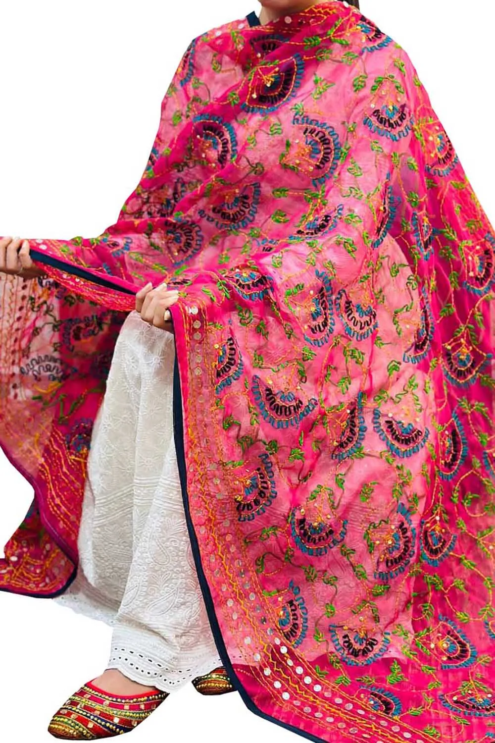 Hand-Embroidered Pink Phulkari Georgette Dupatta: Stunning Addition to Your Wardrobe