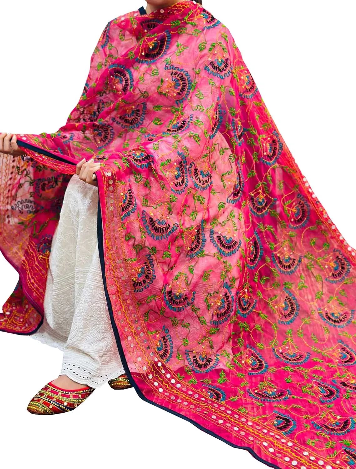 Hand-Embroidered Pink Phulkari Georgette Dupatta: Stunning Addition to Your Wardrobe