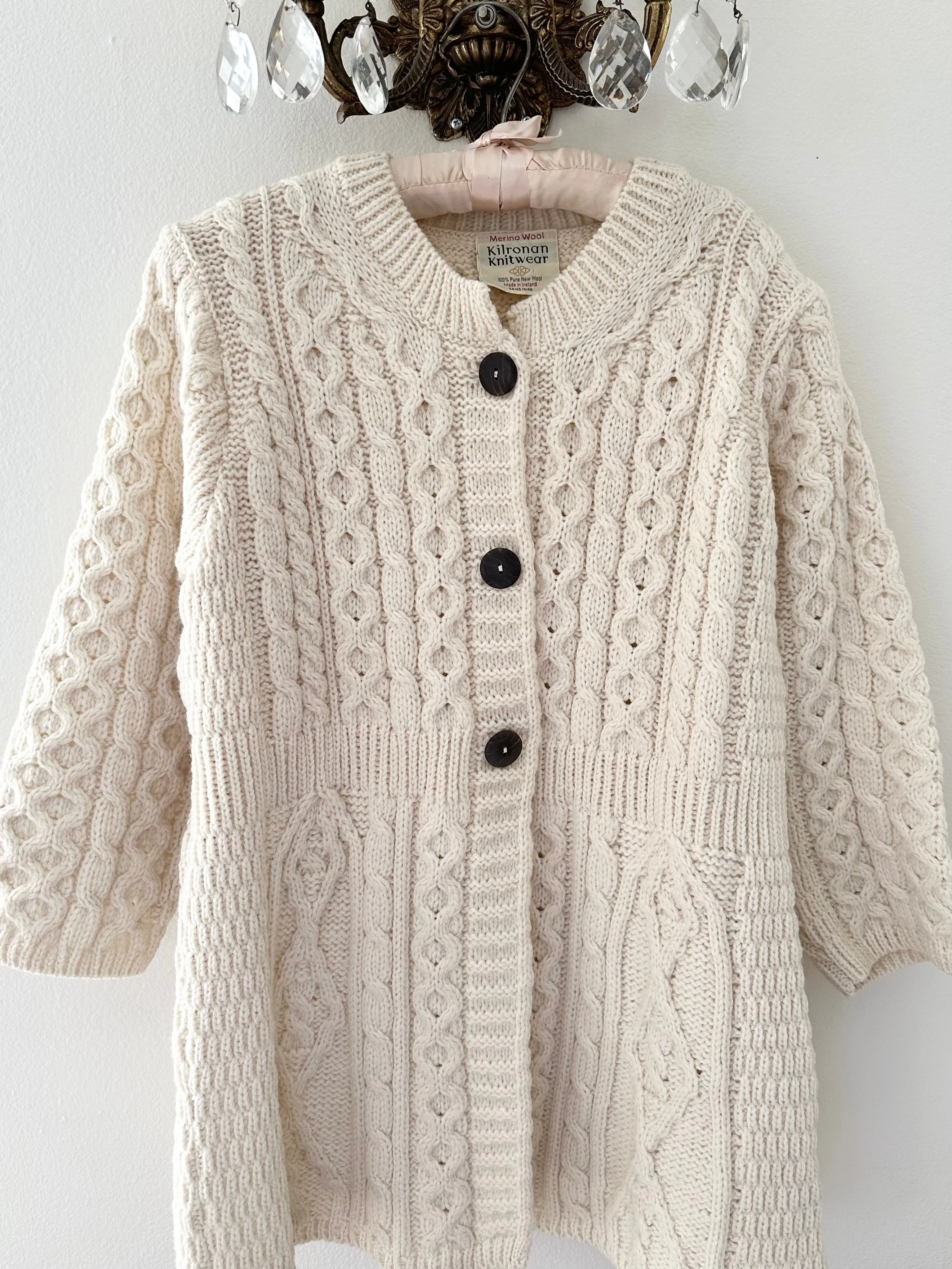 Hand Knit Vintage Irish Wool Aran Jumper Sweater Cardigan