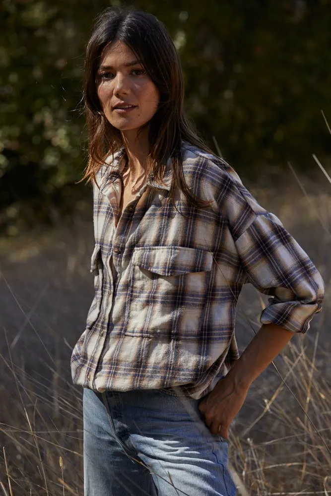 Hannah Oversized Flannel Top in Ivory/Blue/Salmon