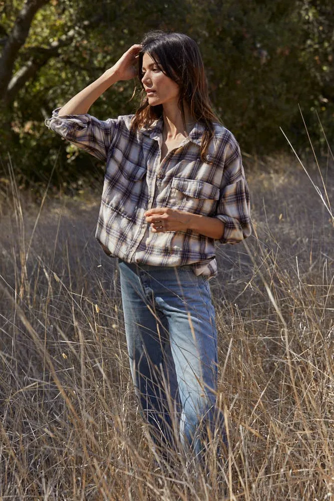 Hannah Oversized Flannel Top in Ivory/Blue/Salmon