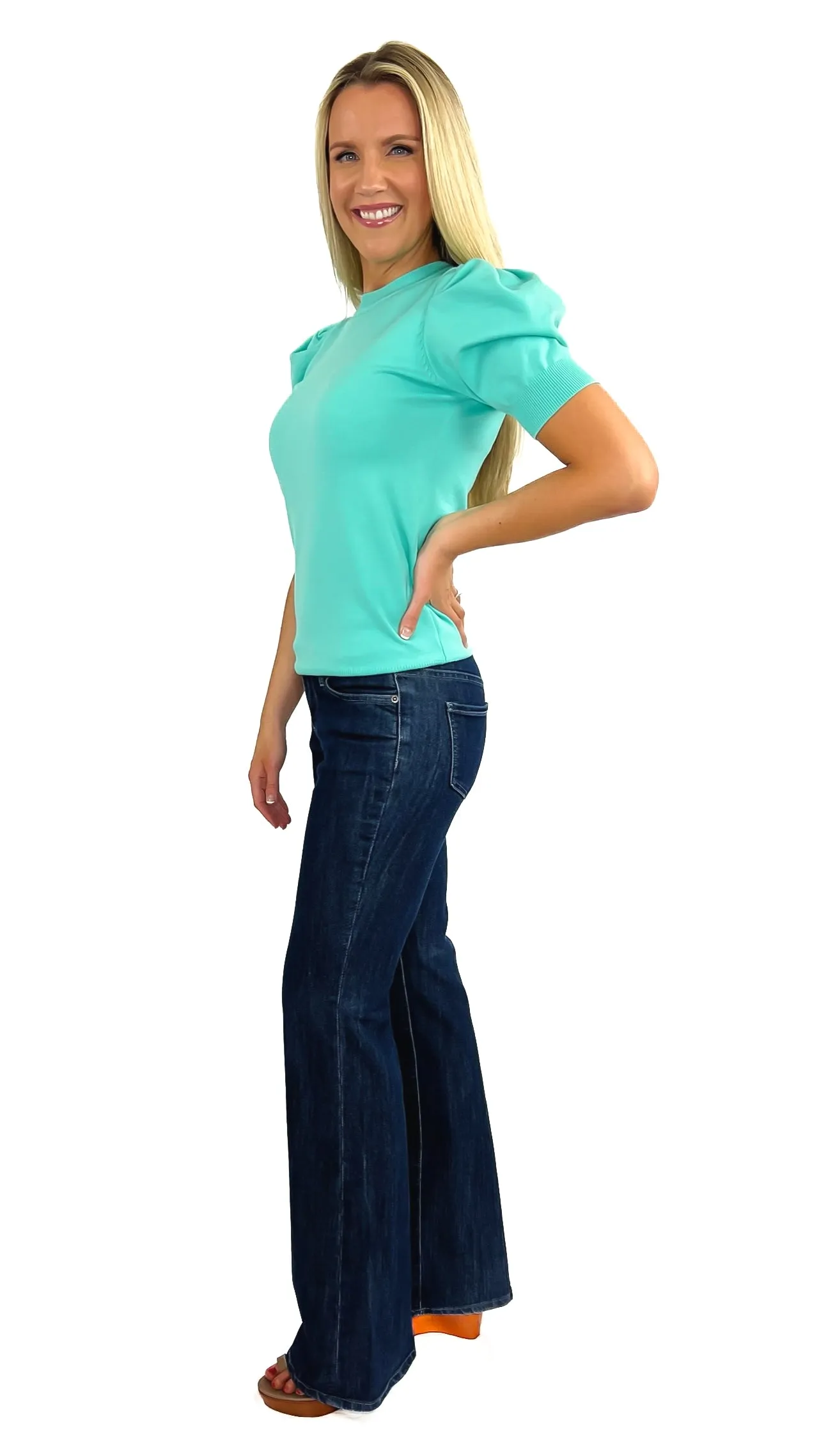Hazel Crew Neck Short-Sleeve Sweater- Aqua