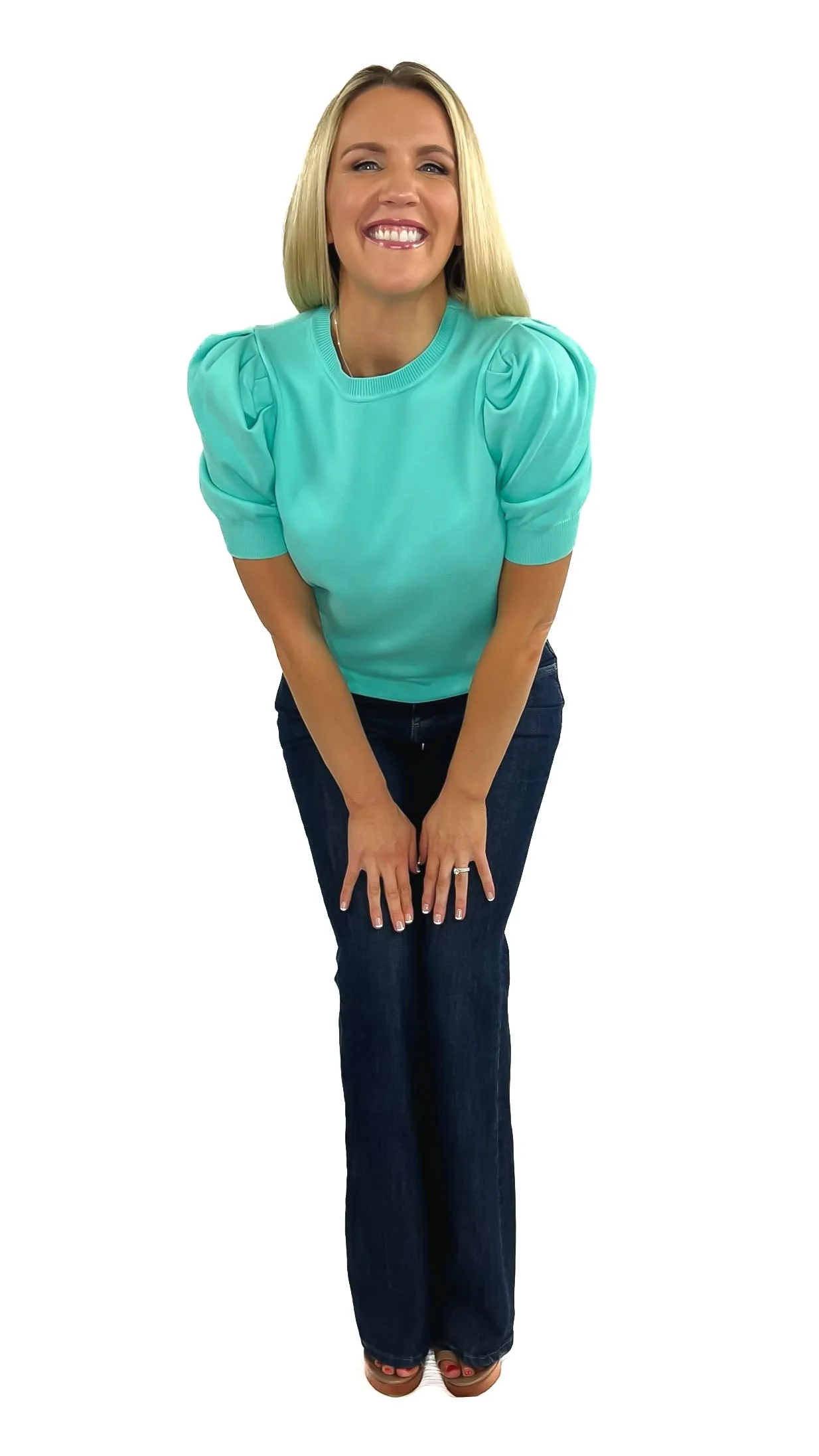 Hazel Crew Neck Short-Sleeve Sweater- Aqua