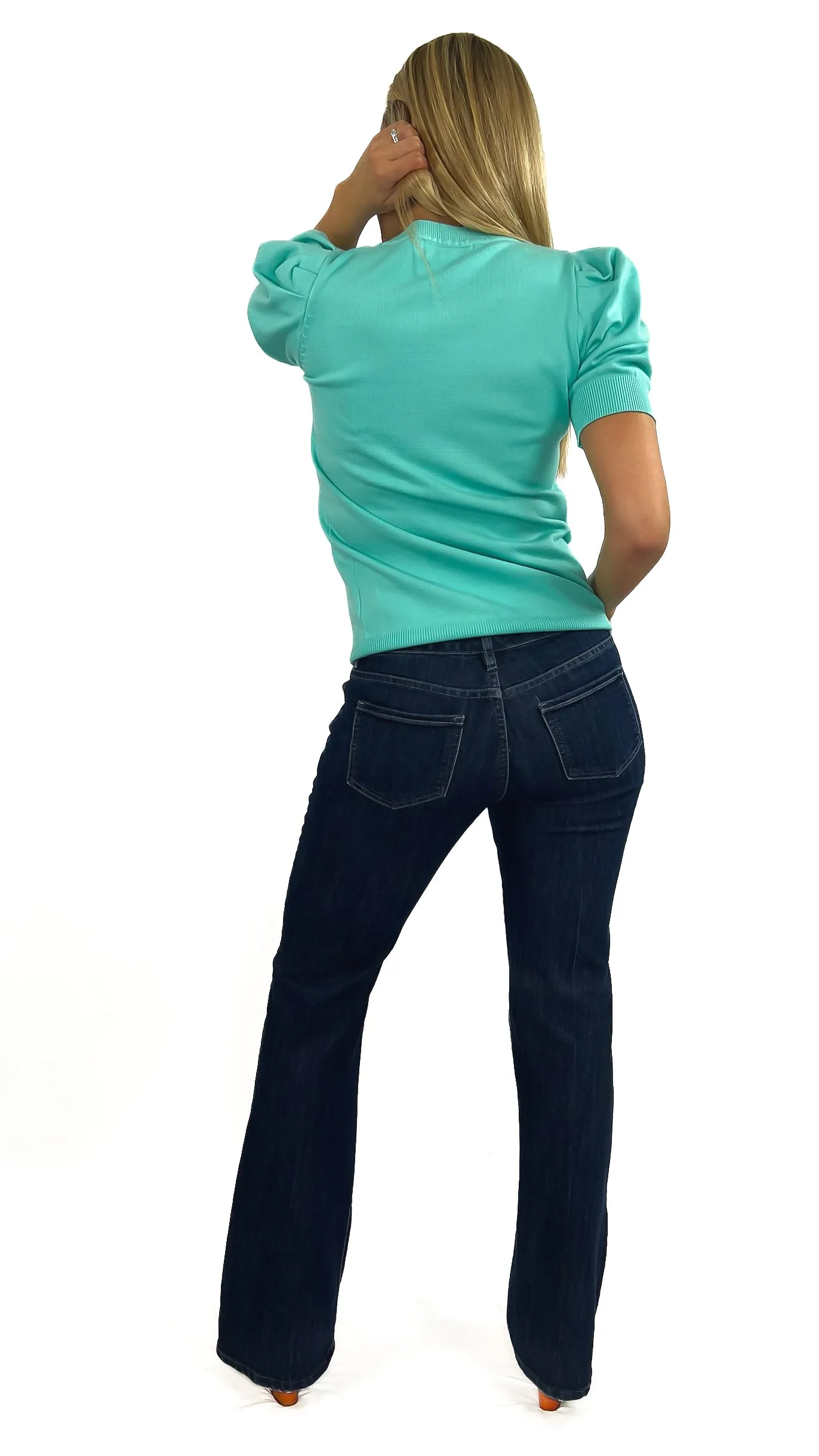 Hazel Crew Neck Short-Sleeve Sweater- Aqua
