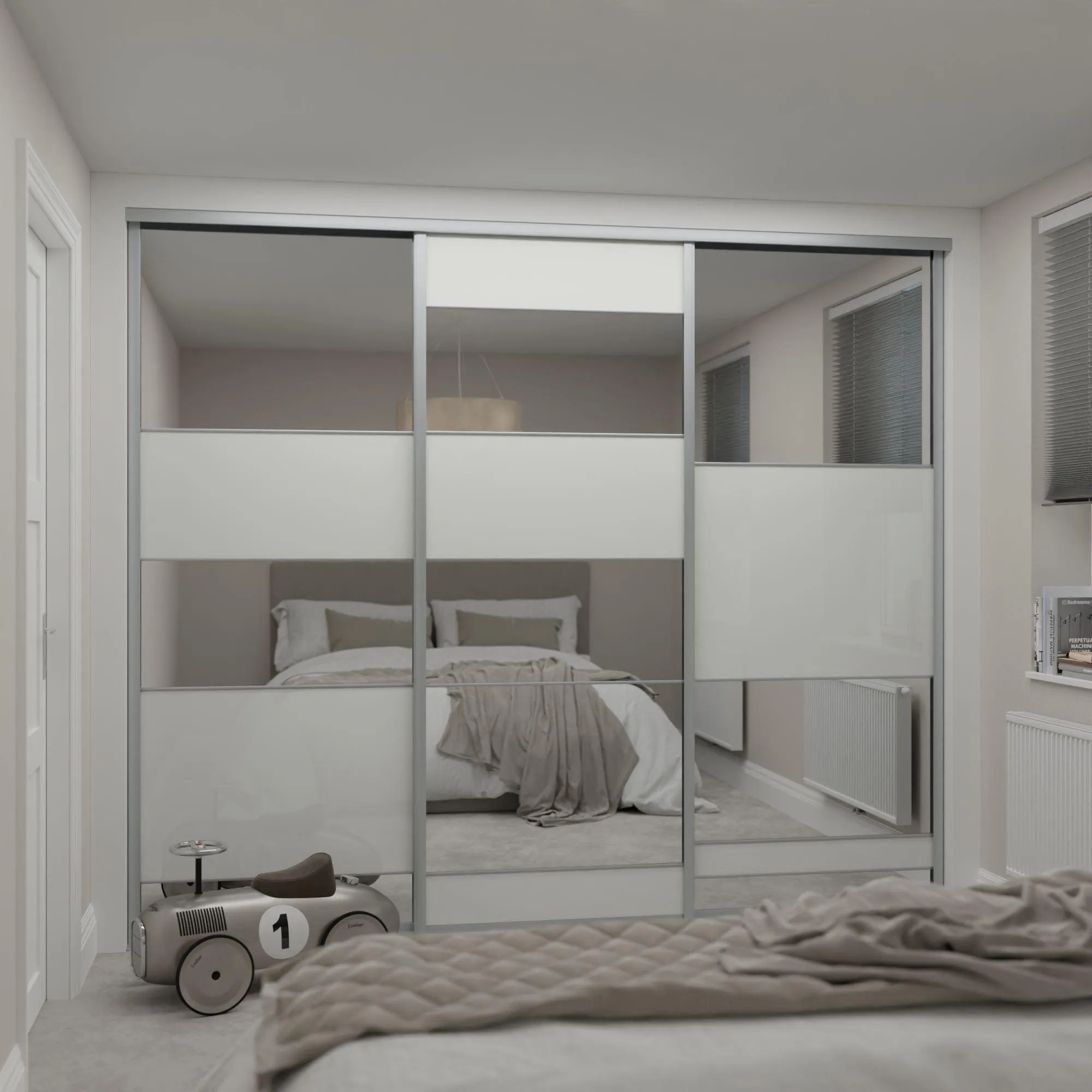 Heritage Silver Frame 4 Door Soft White Glass & Mirror Sliding Wardrobe Kit