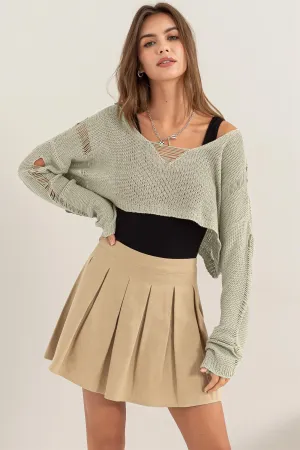 HF24A875-Distressed Sweater Crop Top
