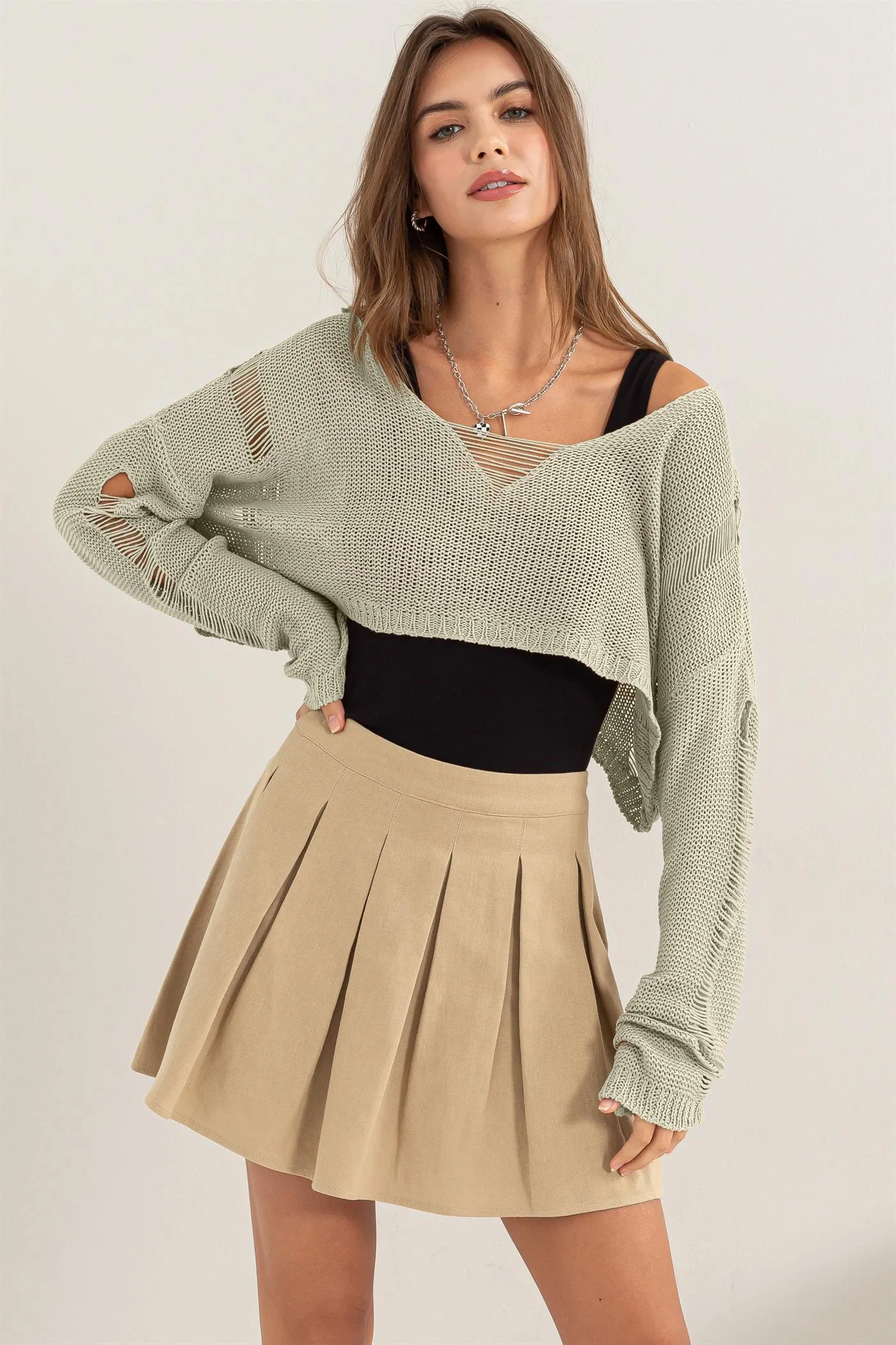HF24A875-Distressed Sweater Crop Top
