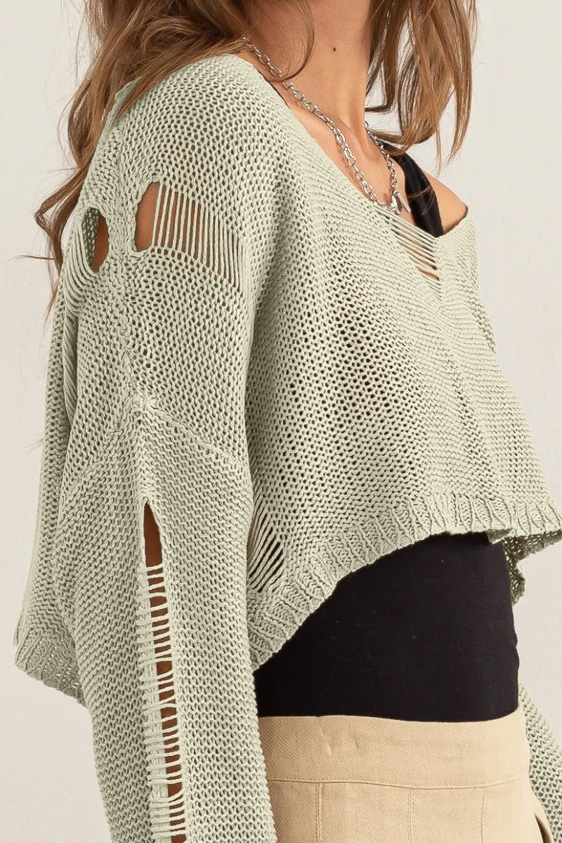 HF24A875-Distressed Sweater Crop Top