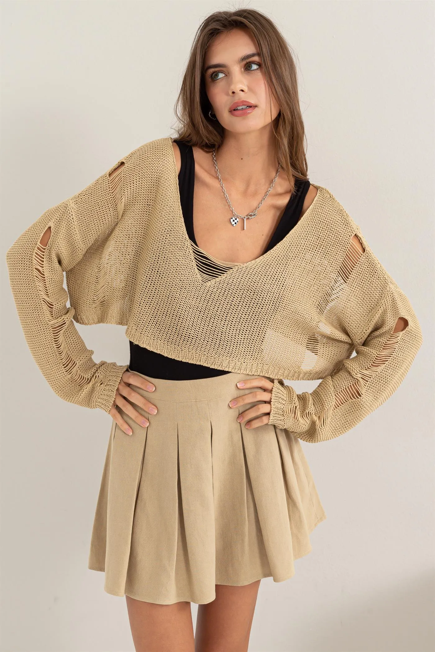 HF24A875-Distressed Sweater Crop Top