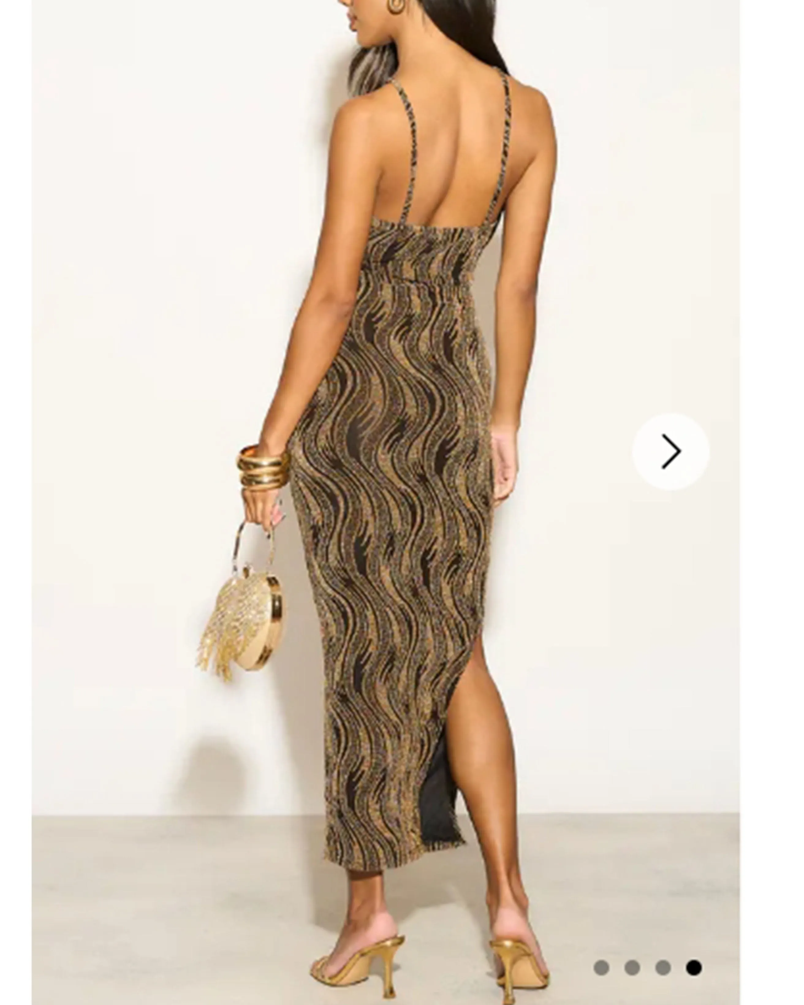 High-neck sleeveless metallic-knit with pattern print maxi dress in Gold