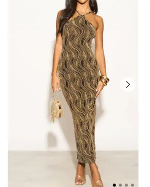 High-neck sleeveless metallic-knit with pattern print maxi dress in Gold