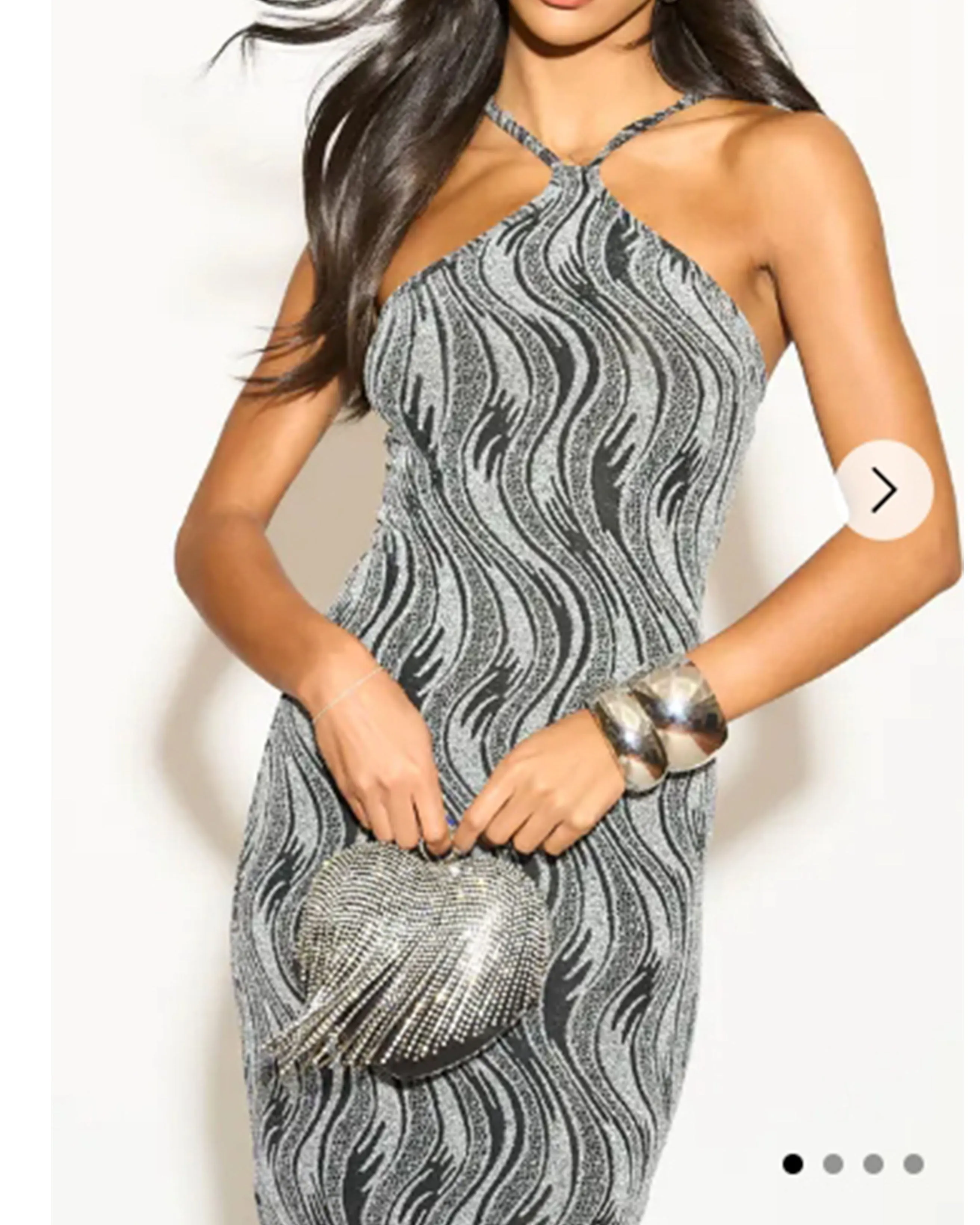 High-neck sleeveless metallic-knit with pattern print maxi dress in Sliver