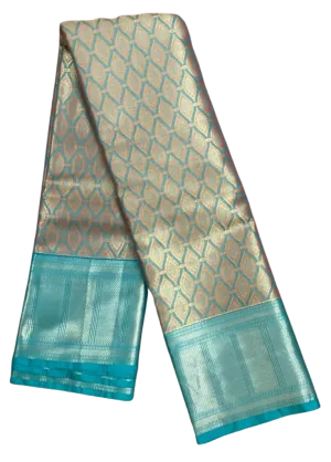 HPSS601 - Banarasi Soft Silk Saree in Gold with Blue Border. Comes with stitched blouse