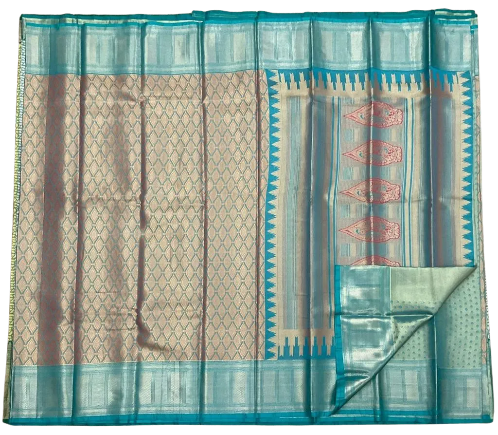 HPSS601 - Banarasi Soft Silk Saree in Gold with Blue Border. Comes with stitched blouse