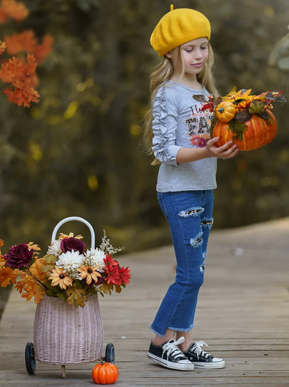 I Love Fall Most Of All Patched Jeans Set