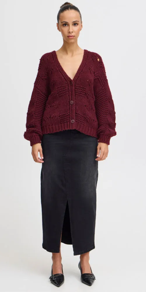 Ichi Textural Knit Cardy, wine