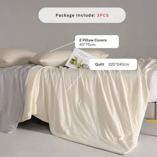 Icy Silky Summer Cool Quilt Set of 3 Pieces, Beige with Grey