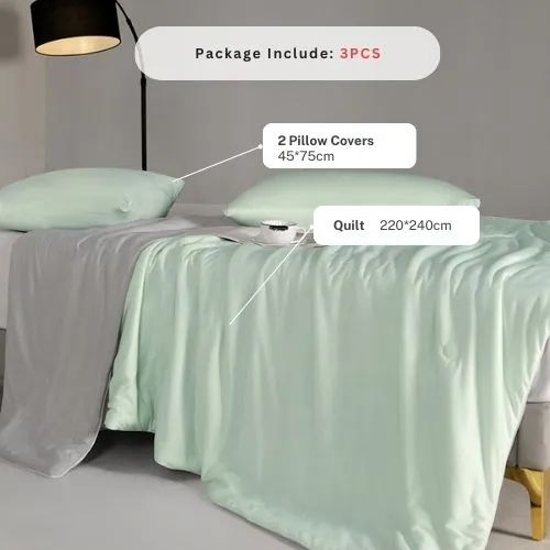 Icy Silky Summer Cool Quilt Set of 3 Pieces, Green with Grey.
