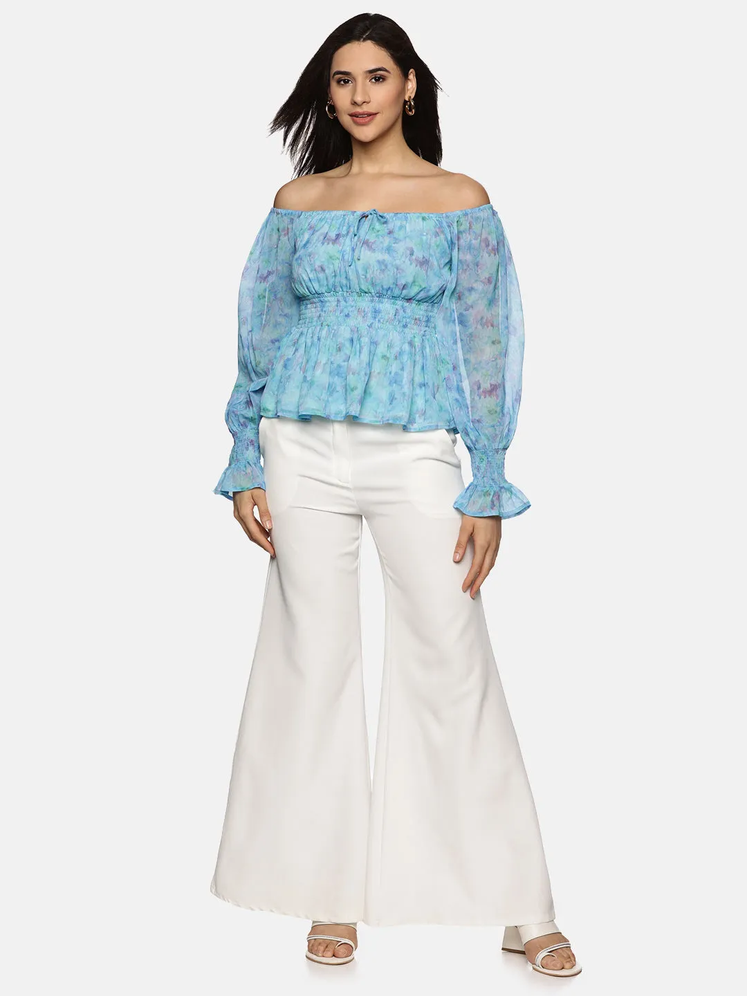IS.U Floral Blue Smocked Peplum Top