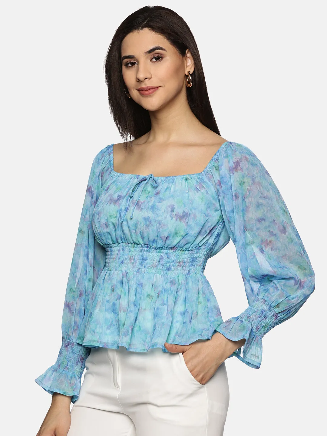 IS.U Floral Blue Smocked Peplum Top