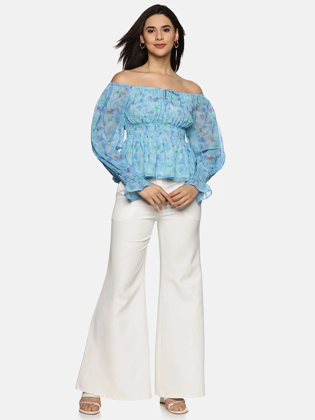 IS.U Floral Blue Smocked Peplum Top