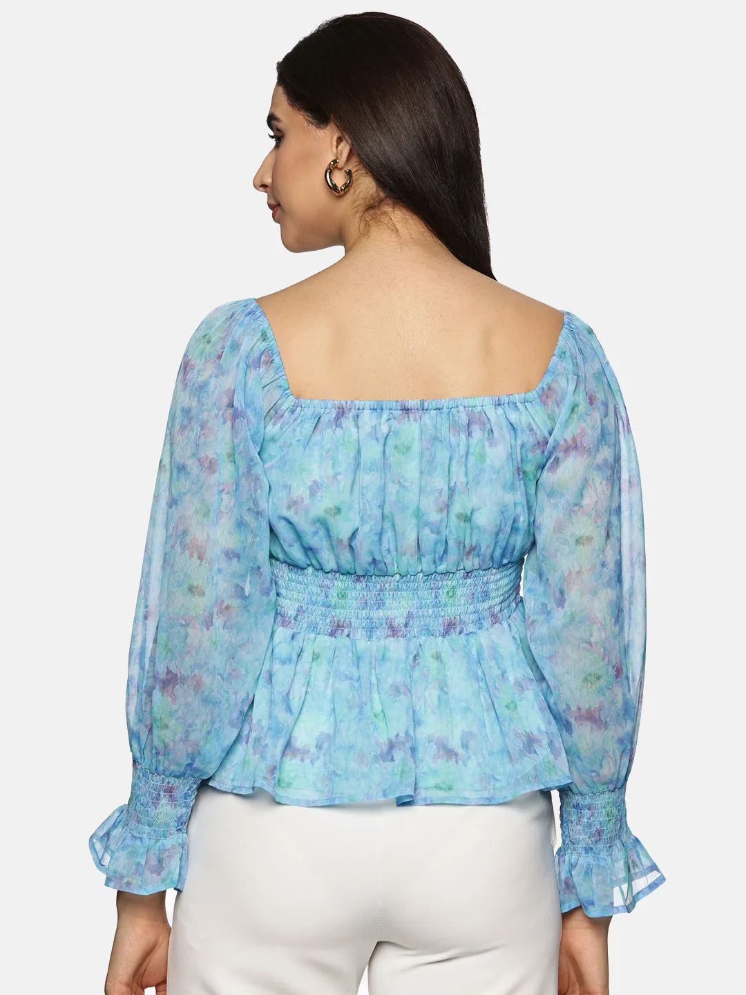 IS.U Floral Blue Smocked Peplum Top