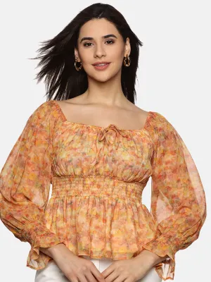 IS.U Floral Orange Smocked Peplum Top